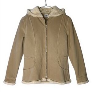 Amerix Tan Leather Sherpa Like Lined Hoodie Full Zip Jacket Small